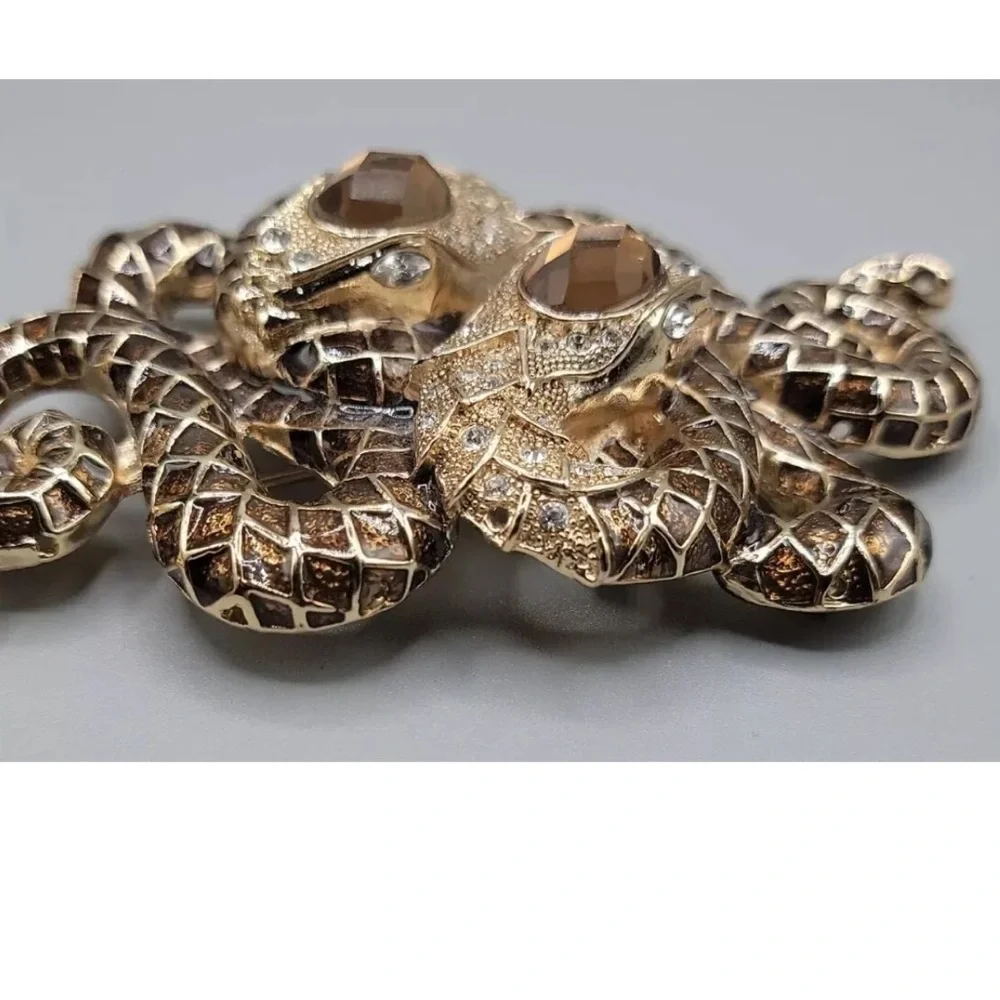 Vintage Extra Large Brown Enamel Double Snake Brooch Pin Pendant Crystals